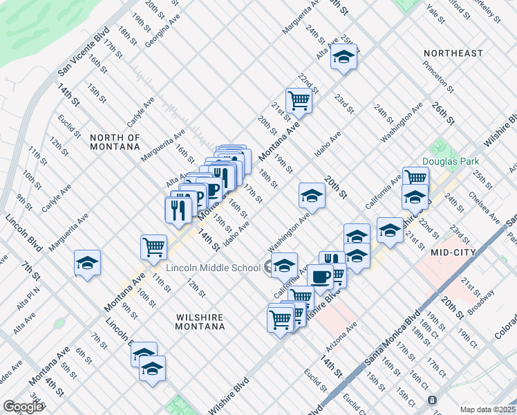 map of restaurants, bars, coffee shops, grocery stores, and more near 1625 Idaho Avenue in Santa Monica