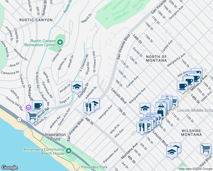 map of restaurants, bars, coffee shops, grocery stores, and more near 731 San Vicente Boulevard in Santa Monica