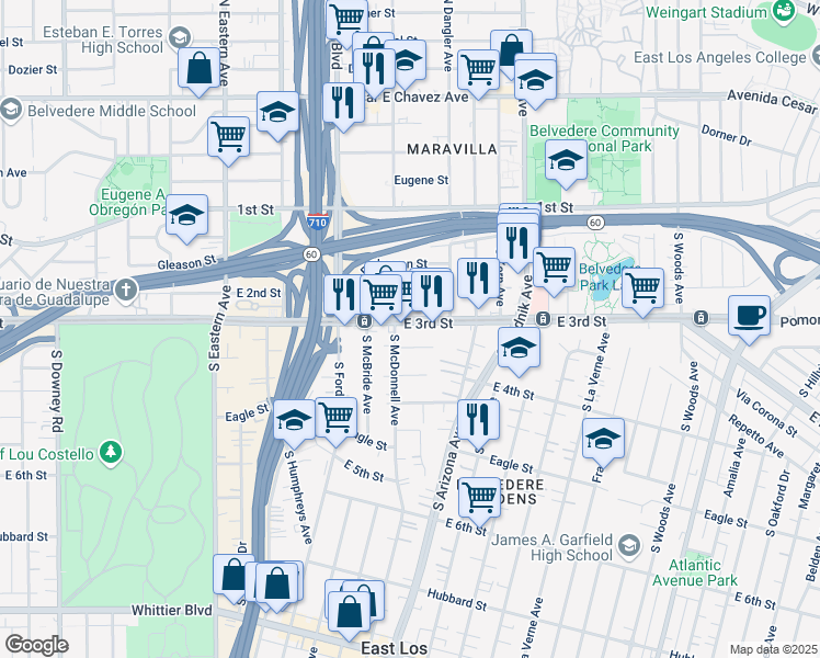 map of restaurants, bars, coffee shops, grocery stores, and more near 4605 East 3rd Street in Los Angeles
