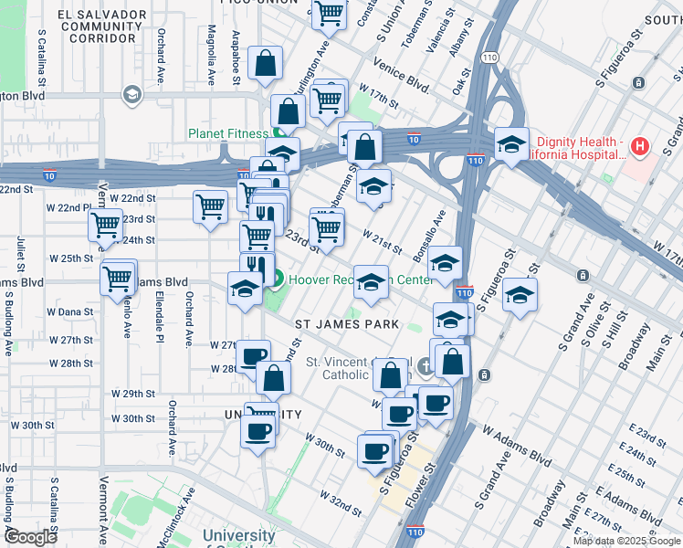 map of restaurants, bars, coffee shops, grocery stores, and more near 2309 Scarff Street in Los Angeles