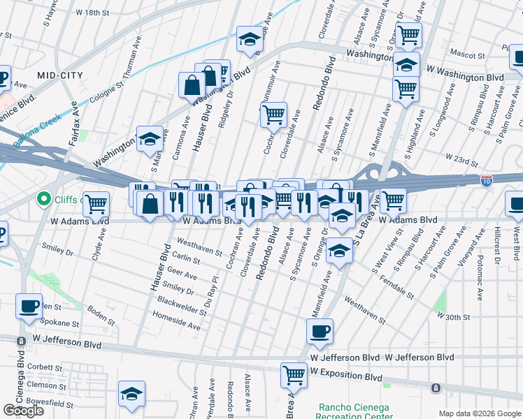 map of restaurants, bars, coffee shops, grocery stores, and more near Cloverdale Avenue in Los Angeles