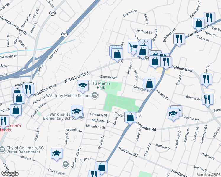 map of restaurants, bars, coffee shops, grocery stores, and more near 1747 Carnegie Street in Columbia