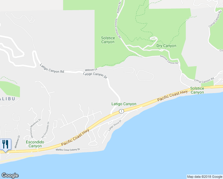 map of restaurants, bars, coffee shops, grocery stores, and more near 6301 Latigo Canyon Road in Malibu