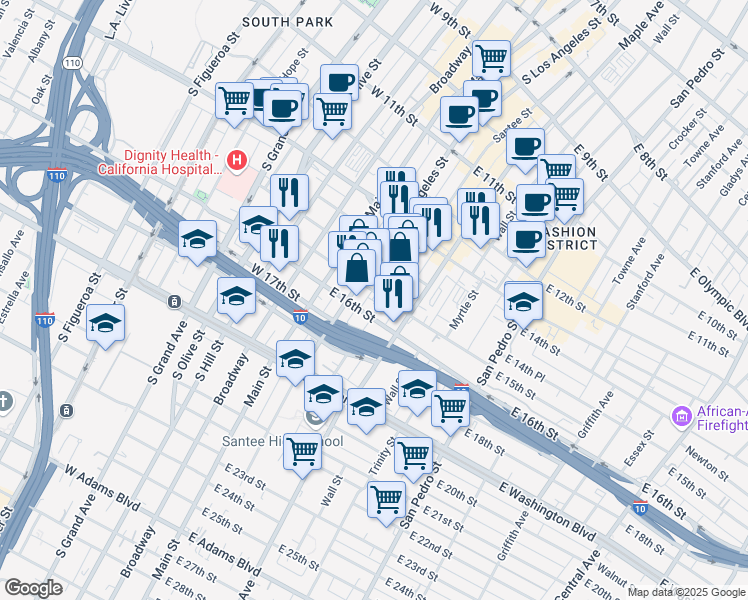map of restaurants, bars, coffee shops, grocery stores, and more near 1437 Santee Street in Los Angeles