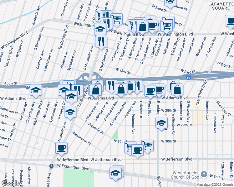 map of restaurants, bars, coffee shops, grocery stores, and more near 2533 1/2 South Harcourt Avenue in Los Angeles
