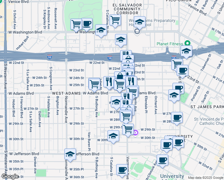 map of restaurants, bars, coffee shops, grocery stores, and more near 1449 West Adams Boulevard in Los Angeles