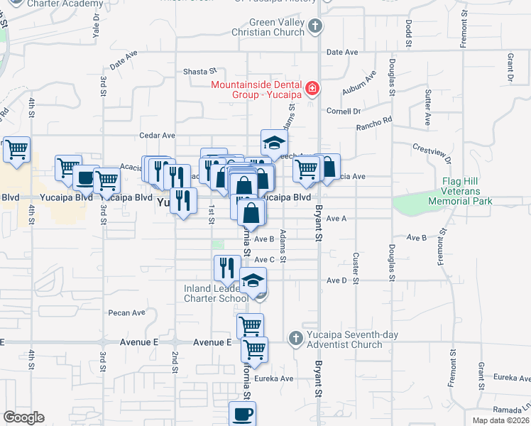 map of restaurants, bars, coffee shops, grocery stores, and more near 35148 Avenue A in Yucaipa