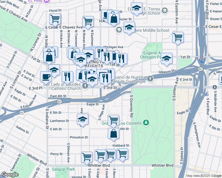 map of restaurants, bars, coffee shops, grocery stores, and more near 3900 East 3rd Street in Los Angeles
