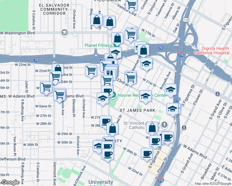 map of restaurants, bars, coffee shops, grocery stores, and more near 1004 West 24th Street in Los Angeles