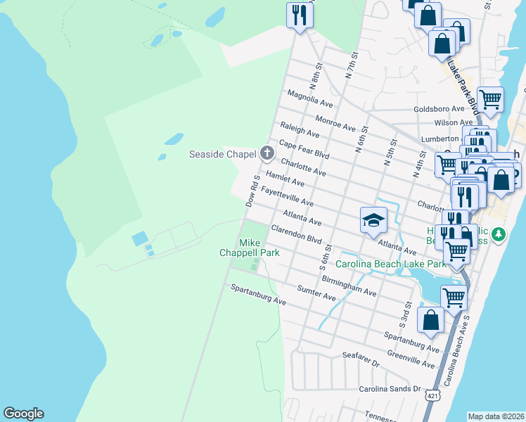 map of restaurants, bars, coffee shops, grocery stores, and more near 808 Atlanta Ave in Carolina Beach