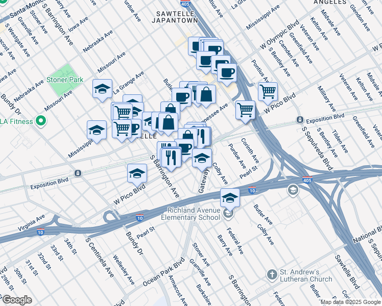 map of restaurants, bars, coffee shops, grocery stores, and more near 11504 Exposition Boulevard in Los Angeles