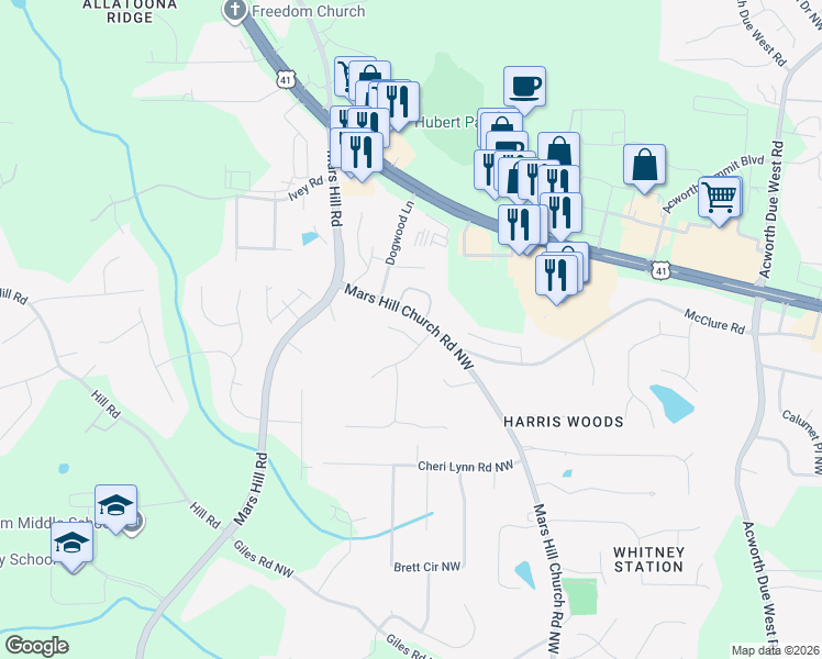 map of restaurants, bars, coffee shops, grocery stores, and more near 4704 Rose Arbor Drive in Acworth