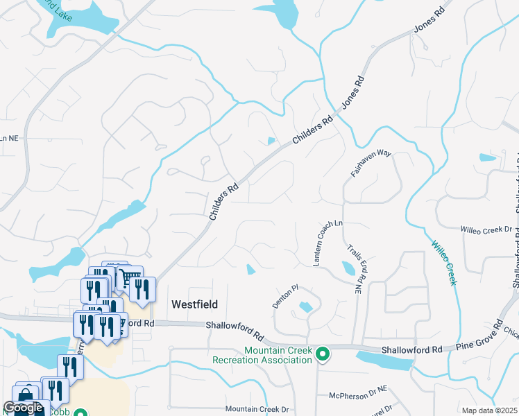 map of restaurants, bars, coffee shops, grocery stores, and more near 1700 Ellenwood Drive Northeast in Roswell