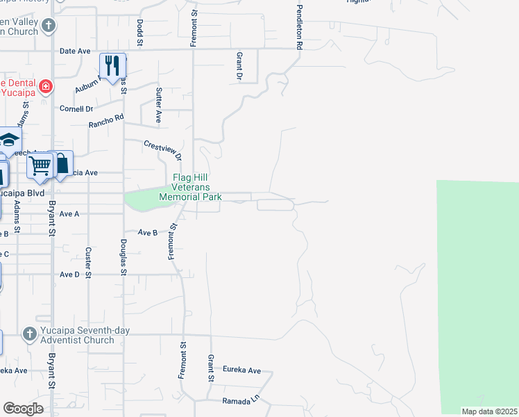 map of restaurants, bars, coffee shops, grocery stores, and more near Grandview Drive in Yucaipa
