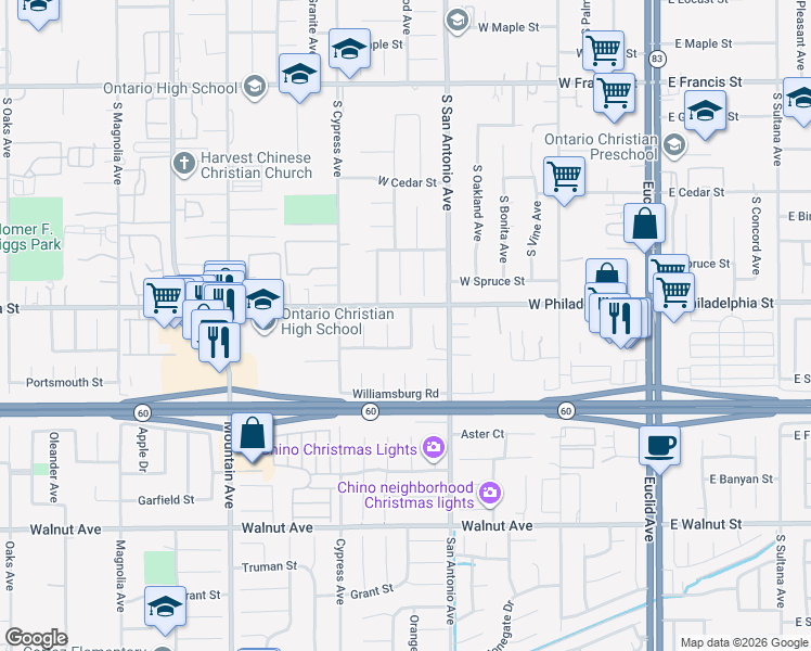 map of restaurants, bars, coffee shops, grocery stores, and more near 645 West Philadelphia Street in Ontario