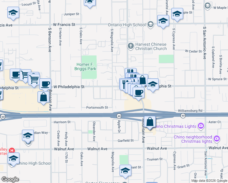 map of restaurants, bars, coffee shops, grocery stores, and more near 1154 Pinewood Lane in Ontario