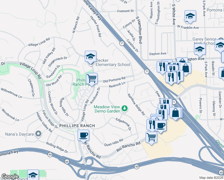 map of restaurants, bars, coffee shops, grocery stores, and more near 28 Redrock Lane in Pomona
