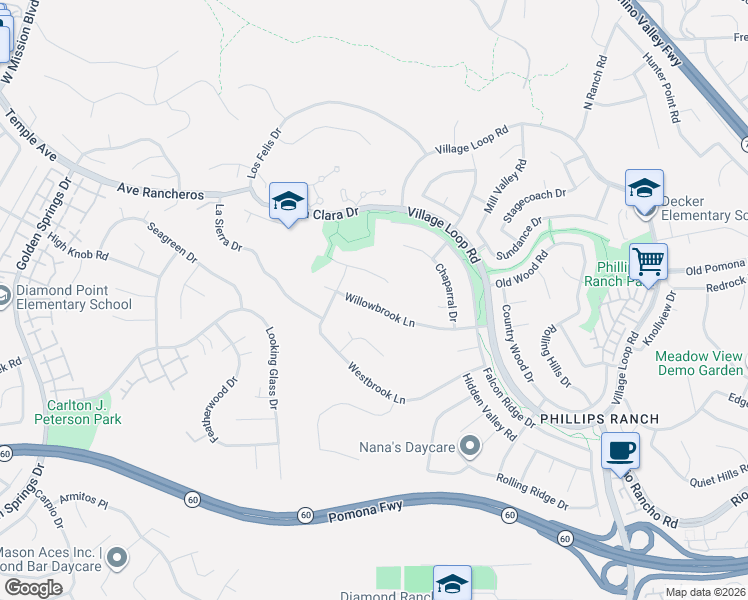 map of restaurants, bars, coffee shops, grocery stores, and more near 18 Pala Mesa Drive in Pomona