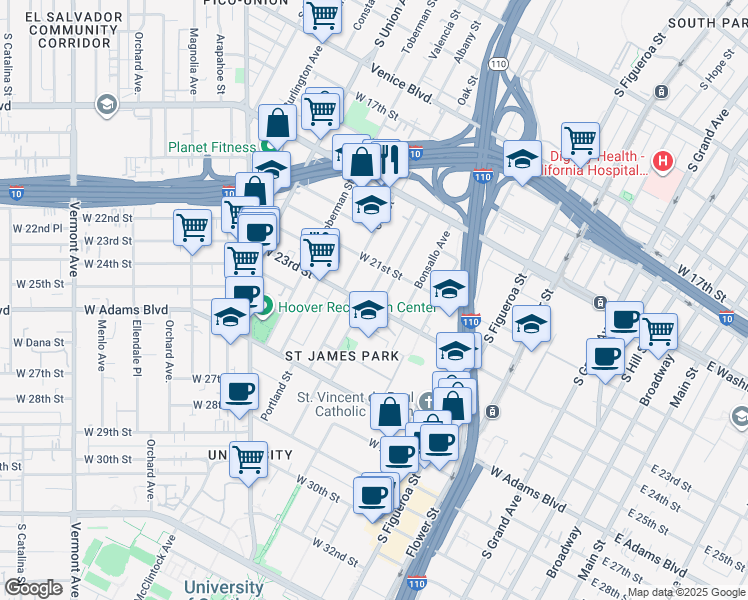 map of restaurants, bars, coffee shops, grocery stores, and more near 2118 Park Grove Avenue in Los Angeles