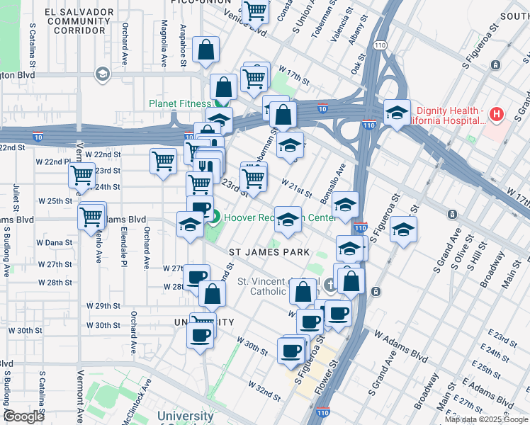 map of restaurants, bars, coffee shops, grocery stores, and more near 934 West 23rd Street in Los Angeles