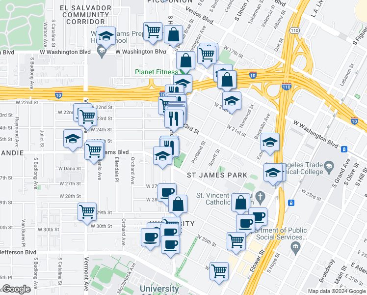 map of restaurants, bars, coffee shops, grocery stores, and more near 1004 West 24th Street in Los Angeles