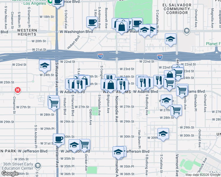 map of restaurants, bars, coffee shops, grocery stores, and more near 1702 West 25th Street in Los Angeles