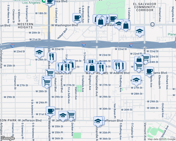 map of restaurants, bars, coffee shops, grocery stores, and more near 1756 West 25th Street in Los Angeles