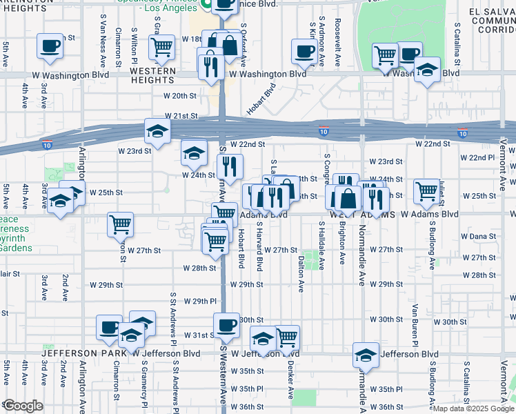 map of restaurants, bars, coffee shops, grocery stores, and more near 1920 West 25th Street in Los Angeles