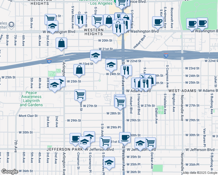map of restaurants, bars, coffee shops, grocery stores, and more near 2468 South Saint Andrews Place in Los Angeles