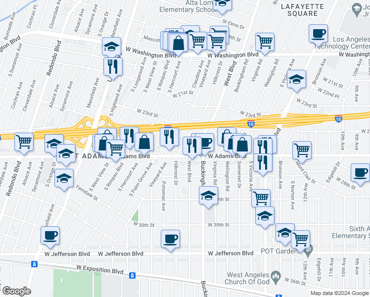 map of restaurants, bars, coffee shops, grocery stores, and more near 2521 Hillcrest Drive in Los Angeles