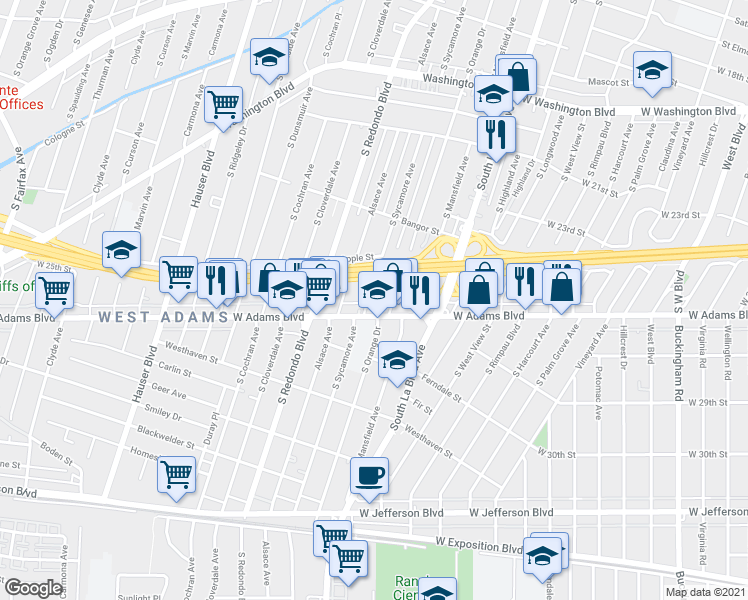 map of restaurants, bars, coffee shops, grocery stores, and more near 2523 South Orange Drive in Los Angeles