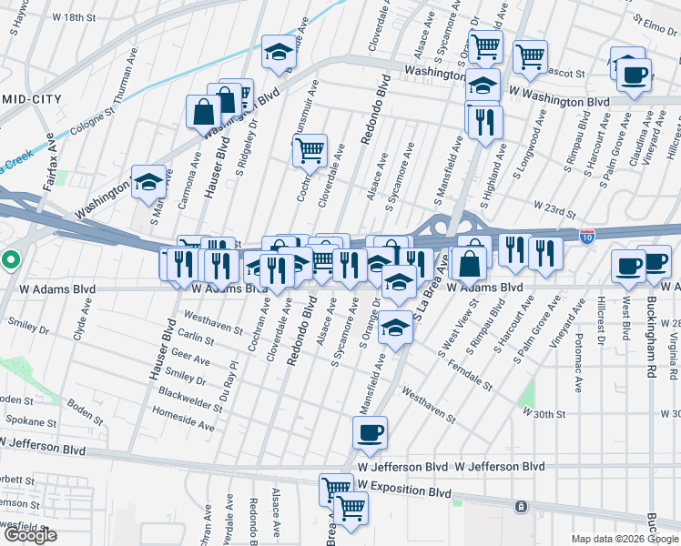 map of restaurants, bars, coffee shops, grocery stores, and more near 2510 Alsace Avenue in Los Angeles