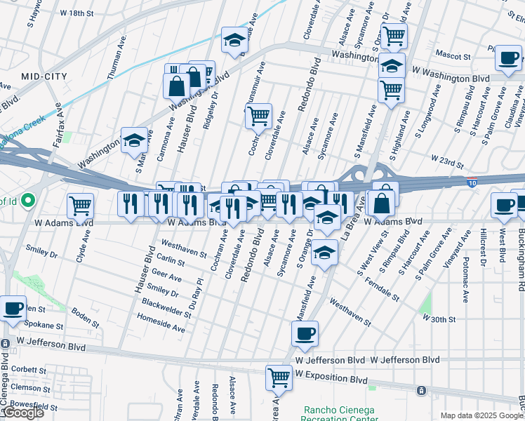 map of restaurants, bars, coffee shops, grocery stores, and more near 2515 Redondo Boulevard in Los Angeles
