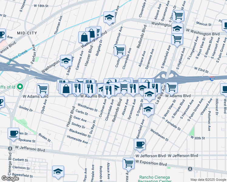 map of restaurants, bars, coffee shops, grocery stores, and more near 2527 South Cloverdale Avenue in Los Angeles