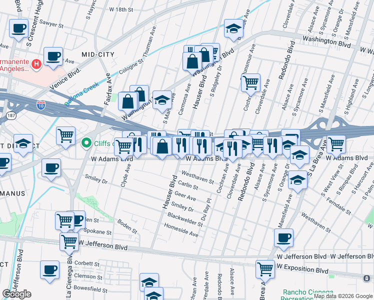 map of restaurants, bars, coffee shops, grocery stores, and more near 2520 Hauser Boulevard in Los Angeles