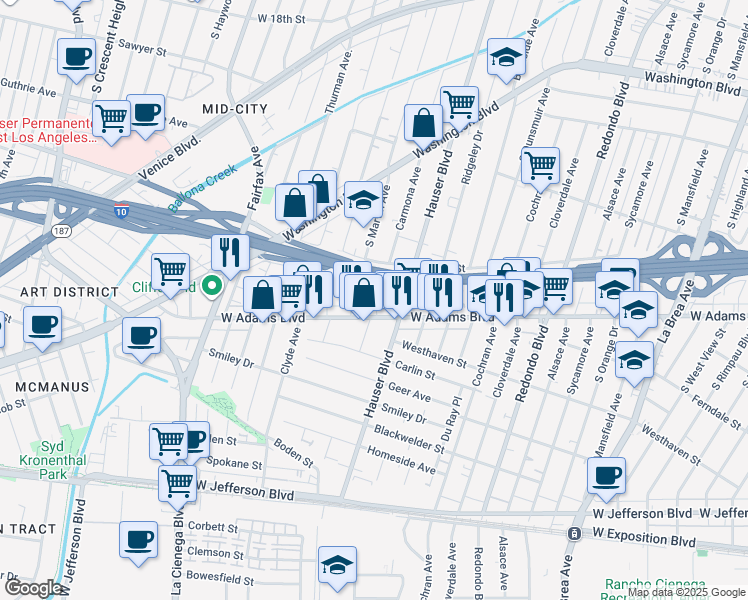 map of restaurants, bars, coffee shops, grocery stores, and more near 2531 1/2 Carmona Avenue in Los Angeles