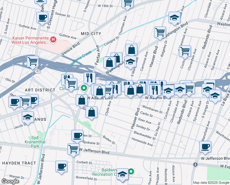 map of restaurants, bars, coffee shops, grocery stores, and more near 2524 Clyde Avenue in Los Angeles