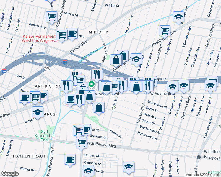 map of restaurants, bars, coffee shops, grocery stores, and more near 2539 Thurman Avenue in Los Angeles