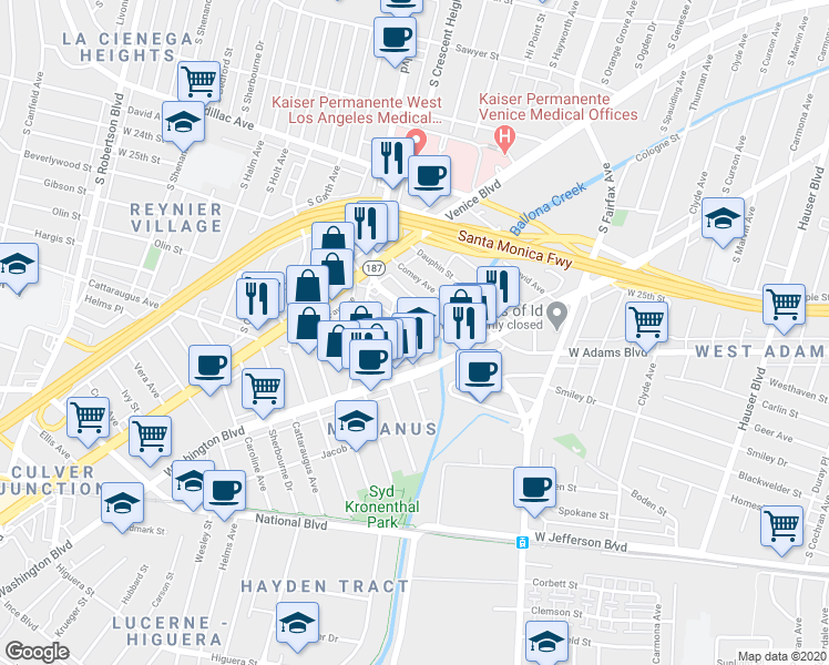 map of restaurants, bars, coffee shops, grocery stores, and more near 2618 Cullen Street in Los Angeles
