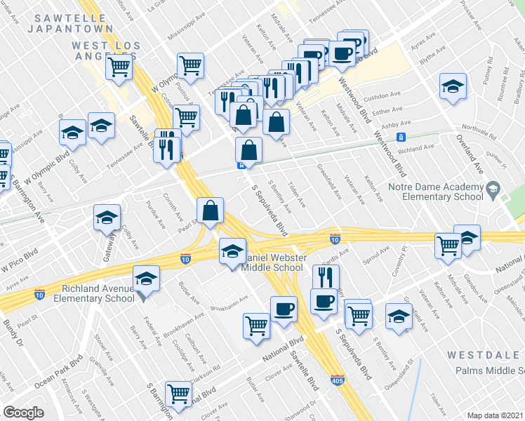 map of restaurants, bars, coffee shops, grocery stores, and more near 2578 South Sepulveda Boulevard in Los Angeles