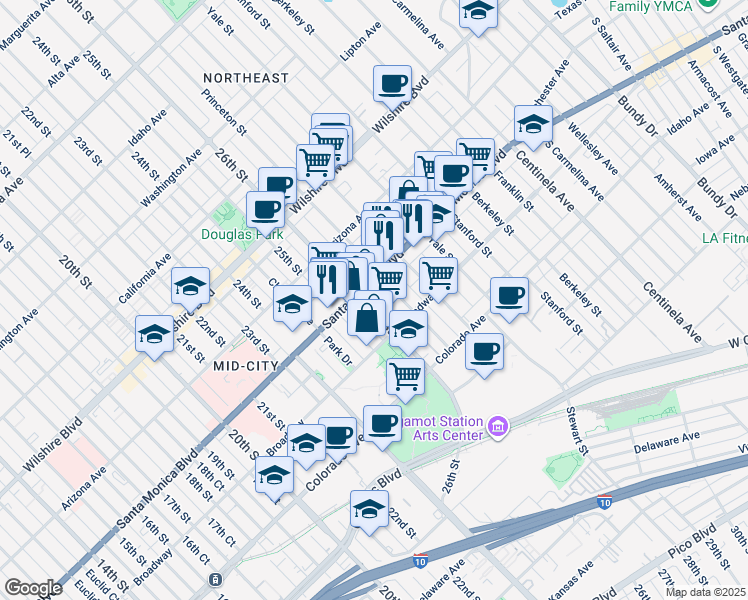 map of restaurants, bars, coffee shops, grocery stores, and more near 1420 Princeton Street in Santa Monica