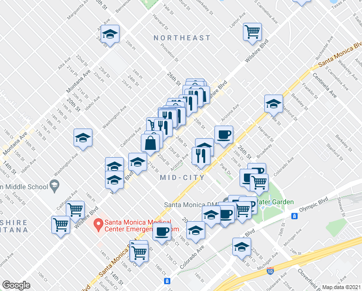 map of restaurants, bars, coffee shops, grocery stores, and more near 1231 24th Street in Santa Monica