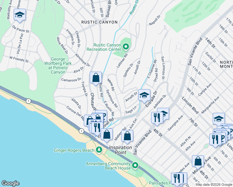 map of restaurants, bars, coffee shops, grocery stores, and more near 433 Mesa Road in Santa Monica