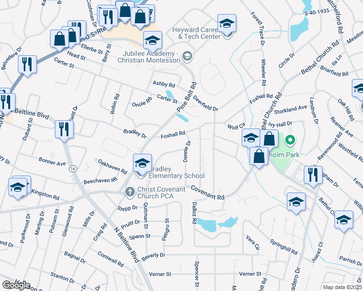 map of restaurants, bars, coffee shops, grocery stores, and more near 3227 Dennis Drive in Columbia