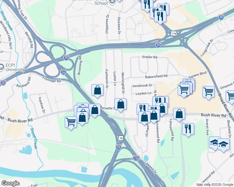 map of restaurants, bars, coffee shops, grocery stores, and more near 1626 Luster Lane in Columbia