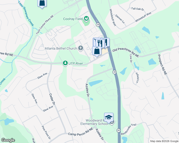 map of restaurants, bars, coffee shops, grocery stores, and more near 1025 Chaucer Gate Court Northeast in Lawrenceville