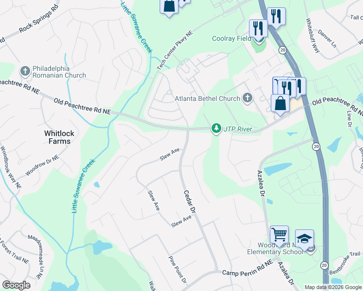 map of restaurants, bars, coffee shops, grocery stores, and more near 2521 Cedar Drive in Lawrenceville