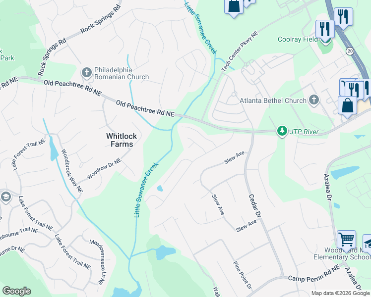 map of restaurants, bars, coffee shops, grocery stores, and more near 745 1 World Drive Northeast in Lawrenceville