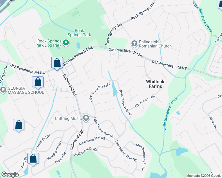map of restaurants, bars, coffee shops, grocery stores, and more near 2799 Lake Forest Trail Northeast in Lawrenceville