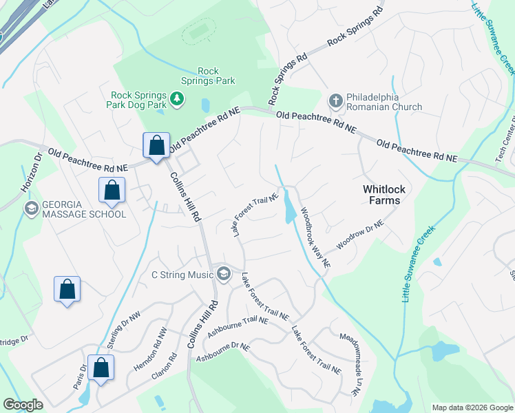 map of restaurants, bars, coffee shops, grocery stores, and more near 2748 Lake Forest Trail Northeast in Lawrenceville